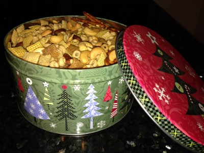 Party Mix in a Christmas Tin